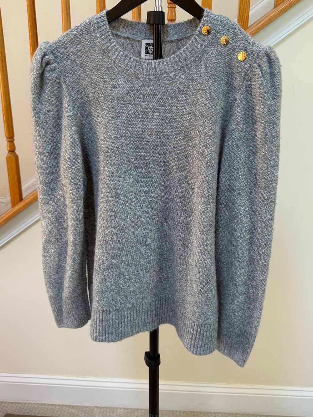 Anne Klein Light Gray Crewneck Sweater with Gold Buttons